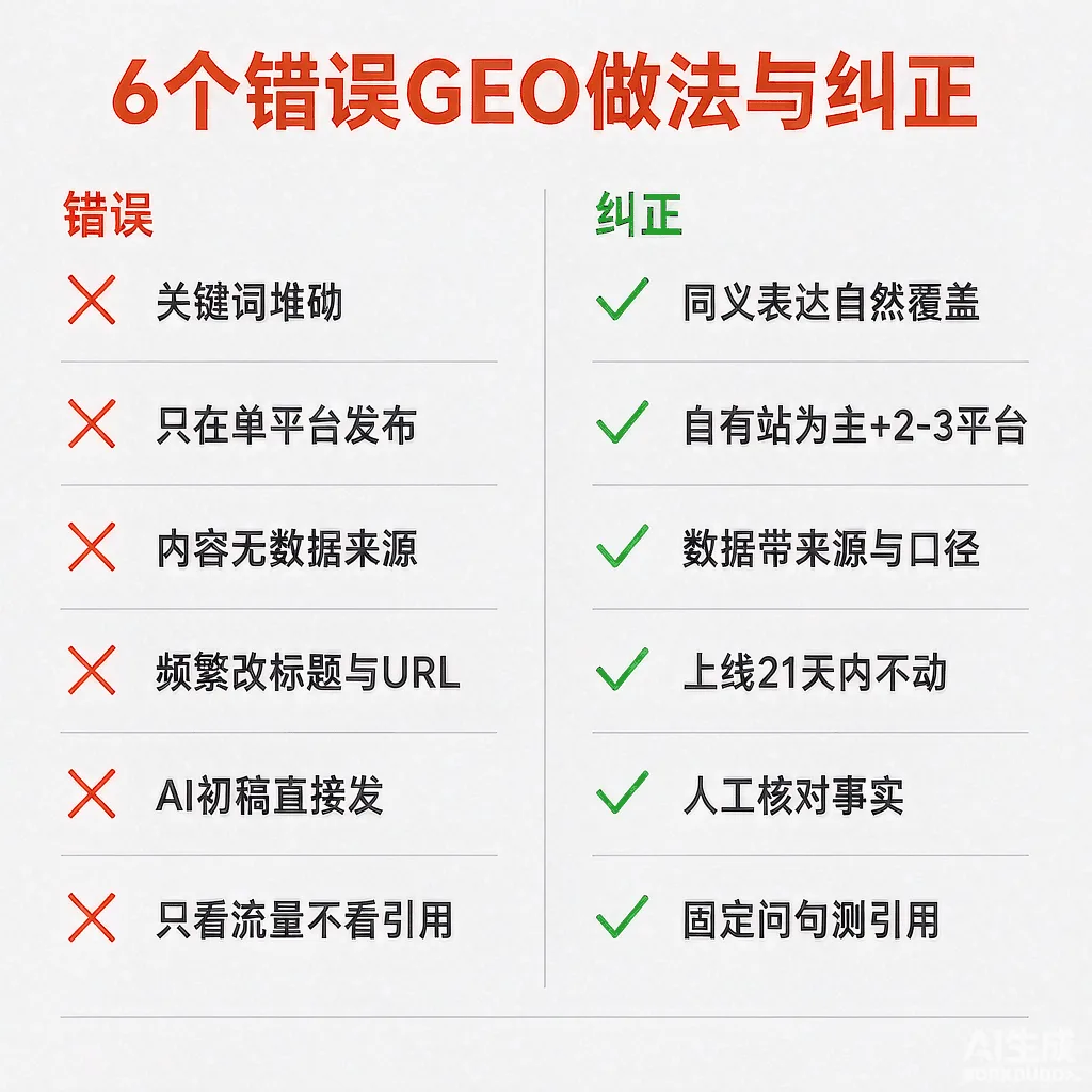 6个常见错误GEO做法与纠正方法对照图：堆词、单平台、无来源、频繁改标题、AI直发、只看流量
