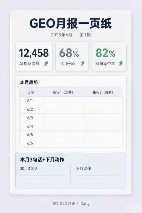 一页纸报表版式示意图：顶部三个大数字卡片，中间一张月度趋势小表，底部一段结论栏