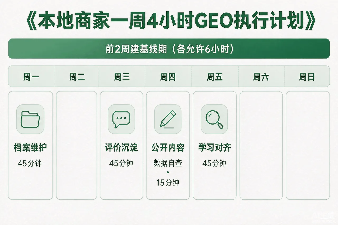 本地商家一周4小时GEO执行计划时间表：周一档案维护45分钟、周三评价沉淀45分钟、周四公开内容45分钟、周五学习对齐45分钟+数据自查15分钟，前2周建基线期各允许6小时，配各模块产出说明