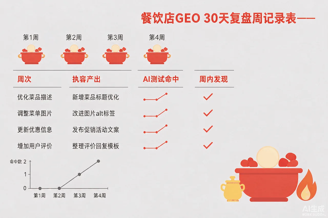 餐饮店GEO 30天复盘周记录表示意图：第1至4周的执行动作、内容产出、AI测试命中数与周内发现四列表格