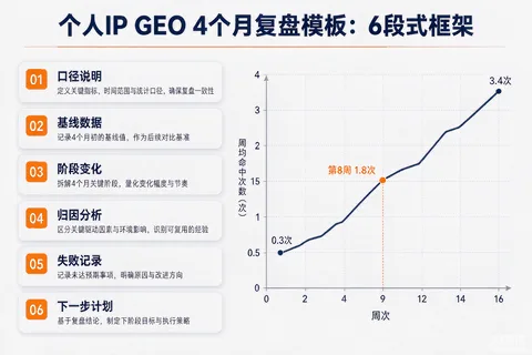 个人IP GEO 4个月复盘模板结构图：6段式框架（口径说明/基线数据/阶段变化/归因分析/失败记录/下一步计划），右侧配演示数据折线示意（周均命中0.3次升至3.4次）与各段写作要点标注