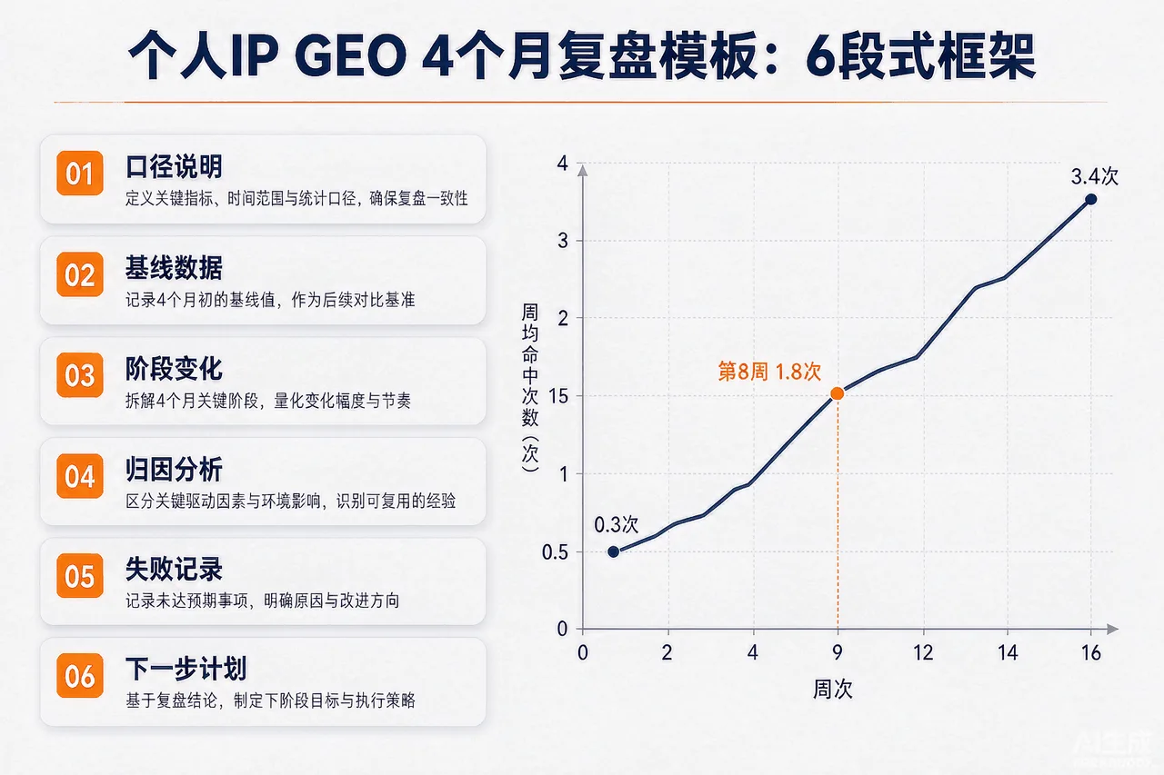 个人IP GEO 4个月复盘模板结构图:6段式框架(口径说明/基线数据/阶段变化/归因分析/失败记录/下一步计划),右侧配演示数据折线示意(周均命中0.3次升至3.4次)与各段写作要点标注