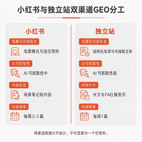 小红书与独立站双渠道GEO分工对照图：小红书负责场景曝光与信任预热，独立站负责结构化信源
