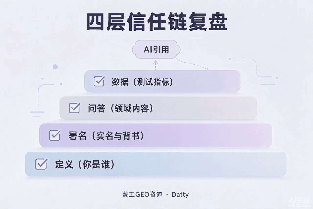 四层路径复盘图：定义（你是谁）→署名（实名与背书）→问答（领域内容）→数据（测试指标），每层旁标注演示指标