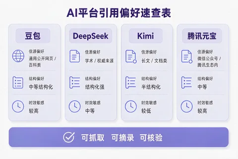 AI平台引用偏好速查表示意图：豆包、DeepSeek、Kimi、腾讯元宝四平台的信源与结构偏好对比