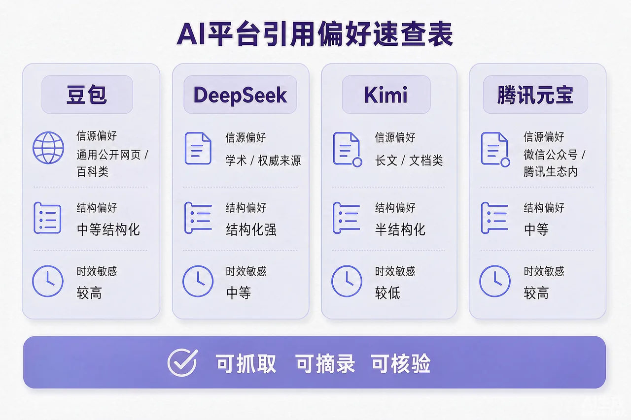 AI平台引用偏好速查表示意图：豆包、DeepSeek、Kimi、腾讯元宝四平台的信源与结构偏好对比