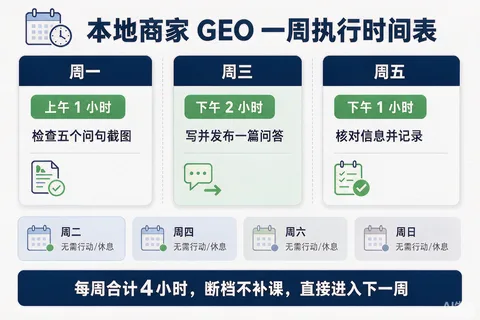 本地商家GEO一周执行时间表模板与三个固定时段示意图