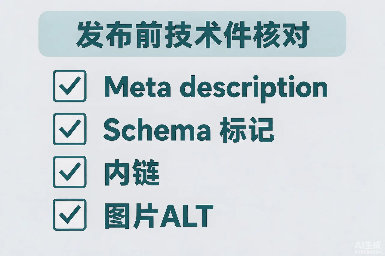发布前四项技术件核对示意图:Meta、Schema、内链、ALT