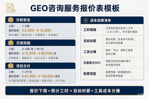 GEO咨询服务报价表模板示意图：左侧三档服务结构（L1诊断报告/L2月度陪跑/L3项目交付，含交付物工时报价）、右侧成本测算五项清单（工时明细/目标时薪/工具分摊/沟通缓冲20%/税费），底部配报价下限公式