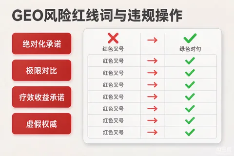 GEO风险自查的四类红线词与八种违规操作对照示意图
