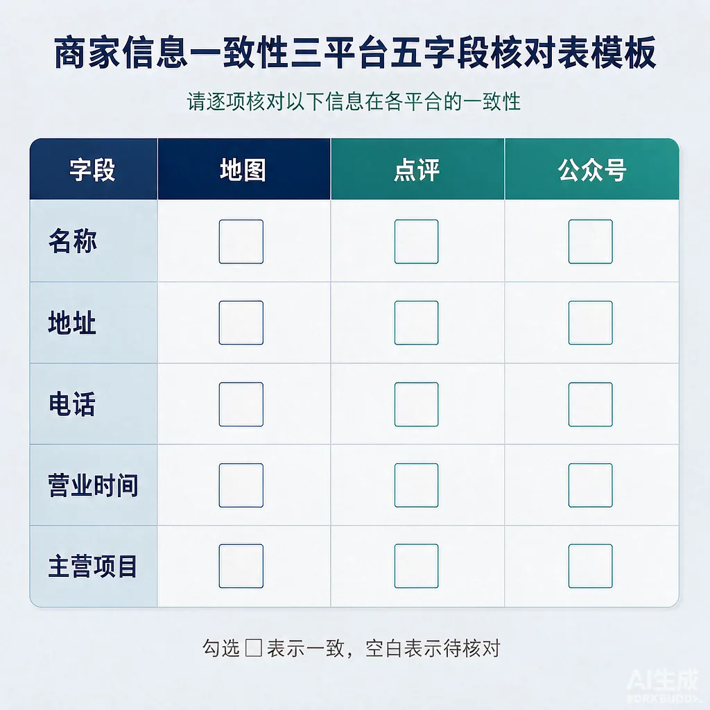 商家信息一致性三平台五字段核对表模板示意