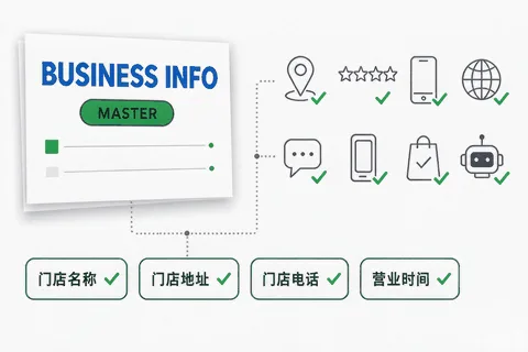 信息一致性核对图：母版文档连接8个平台图标并逐个打勾，高亮店名、地址、电话、营业时间四个字段