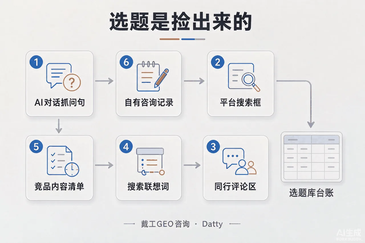 选题挖掘流程图:六个免费工具按顺序排列成流水线,最终汇入选题库表格图标
